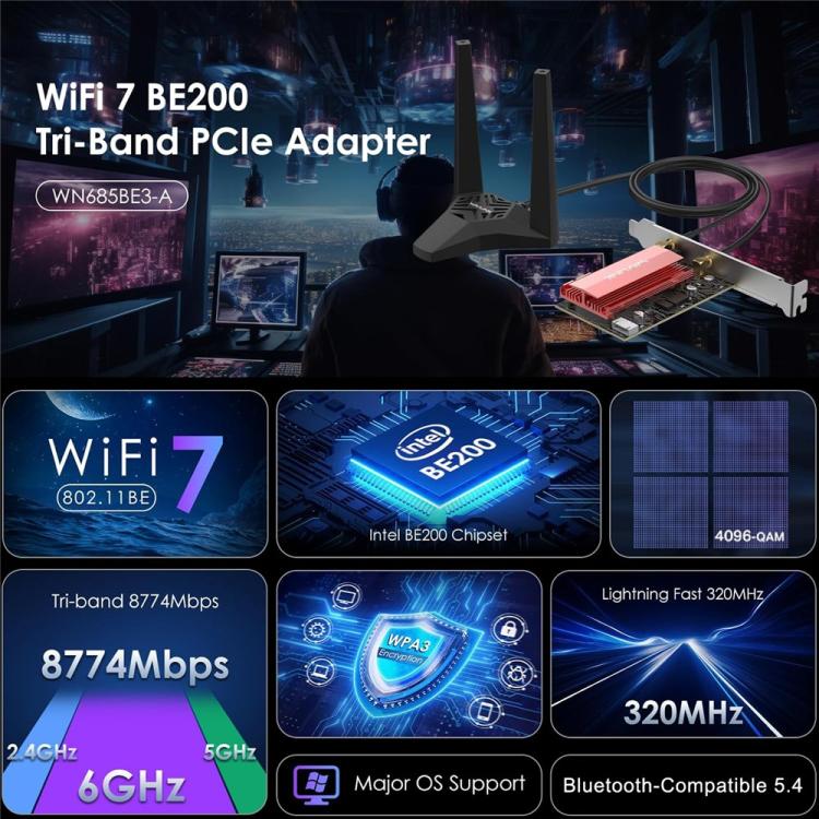 WAVLINK WN685BE3-A Трехдиапазонный беспроводной адаптер BE200 для настольного ПК WiFi 7 BE8800 PCIe Card