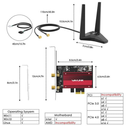 WAVLINK WN685BE3-A Трехдиапазонный беспроводной адаптер BE200 для настольного ПК WiFi 7 BE8800 PCIe Card