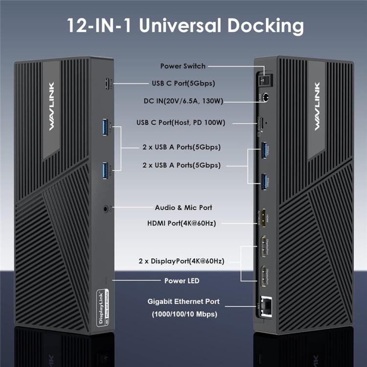 WAVLINK UG69PD24 12-in-1 PD 100W uzlādes DisplayLink dokstacija Thunderbolt 4/3 portiem