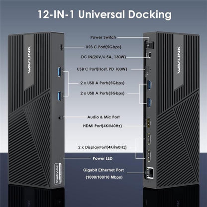 WAVLINK UG69PD24 12-in-1 PD 100W uzlādes DisplayLink dokstacija Thunderbolt 4/3 portiem