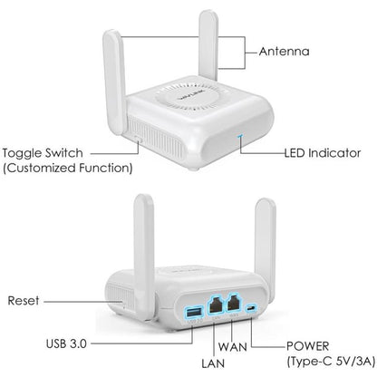 WAVLINK WNT100X3 AX3000 160MHz MU-MIMO OFDMA VPN divjoslu WiFi 6 ceļojumu maršrutētājs