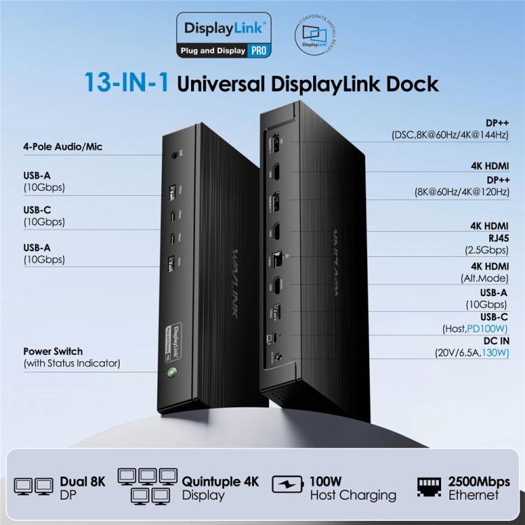 Док-станция WAVLINK UG75PD5-3H2D2 для Mac M1 / ​​M2 / M3 / M4 / Windows DisplayLink-7400