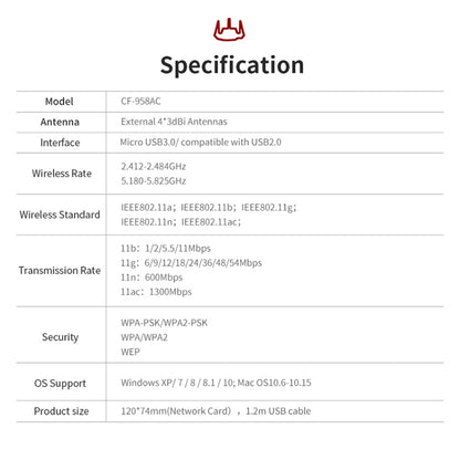 Comfast CF-958AC Высокомощный PA Wi-Fi-адаптер 1900 Мбит/с Гигабитная сетевая карта для киберспорта 2,4 ГГц + 5,8 ГГц USB 3.0 ПК Lan Dongle-приемник