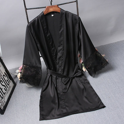 Robes  Elegant Sleepwear Sexy Lace Women Dressing Kimono Silk Bath Robe