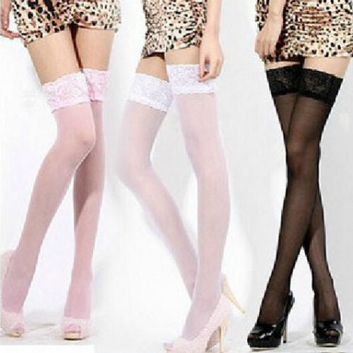 3 Pairs Sexy Womens Thin Sheer Lace Stocking Top Stay Up Thigh High Hold-ups Stockings Pantyhose