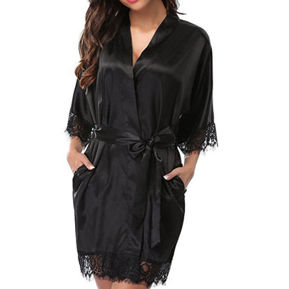 Half Sleeve Robe Women Faux Silk Pajama Sexy Night Dress