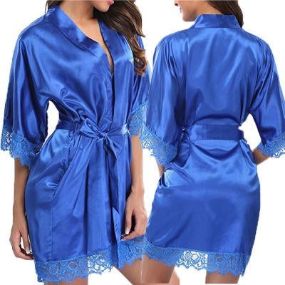 Half Sleeve Robe Women Faux Silk Pajama Sexy Night Dress