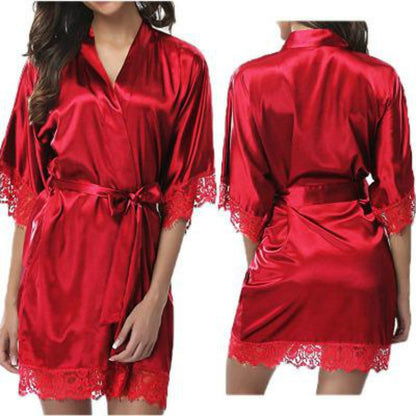 Half Sleeve Robe Women Faux Silk Pajama Sexy Night Dress