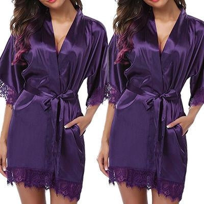 Half Sleeve Robe Women Faux Silk Pajama Sexy Night Dress