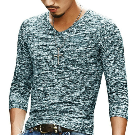 Slim Streetwear V-neck T Shirt Casual Fitness Tops Long Sleeve Pullover Shirt for Men