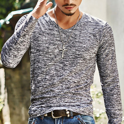 Slim Streetwear V-neck T Shirt Casual Fitness Tops Long Sleeve Pullover Shirt for Men