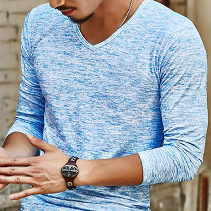 Slim Streetwear V-neck T Shirt Casual Fitness Tops Long Sleeve Pullover Shirt for Men