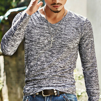 Slim Streetwear V-neck T Shirt Casual Fitness Tops Long Sleeve Pullover Shirt for Men