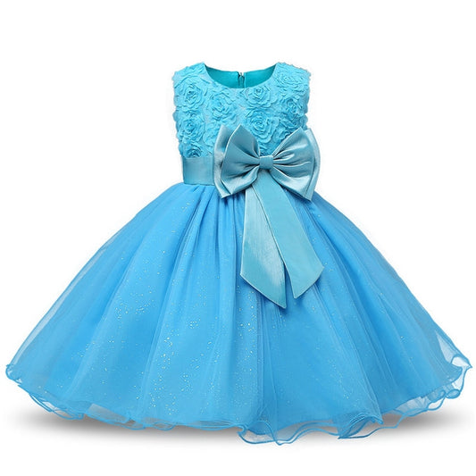 Girls Sleeveless Rose Flower Pattern Bow-knot Lace Dress Show Dress