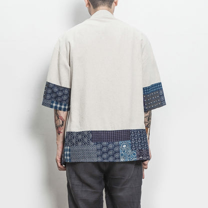 Retro Hanfu Seven-quarter Sleeve Cotton Linen Solid Stitching Youth Men Cardigan Coat