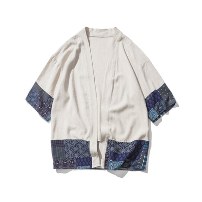 Retro Hanfu Seven-quarter Sleeve Cotton Linen Solid Stitching Youth Men Cardigan Coat