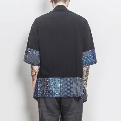 Retro Hanfu Seven-quarter Sleeve Cotton Linen Solid Stitching Youth Men Cardigan Coat