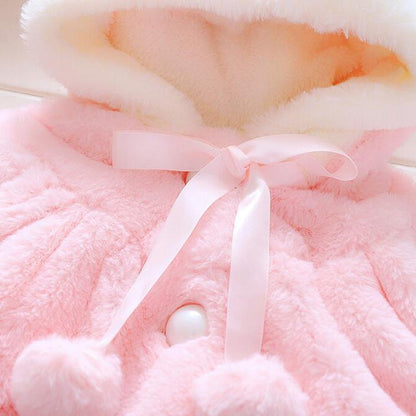 Female Baby Cartoon Rabbit Ears Shape Hooded Imitation Rabbit Fur Shawl Coat