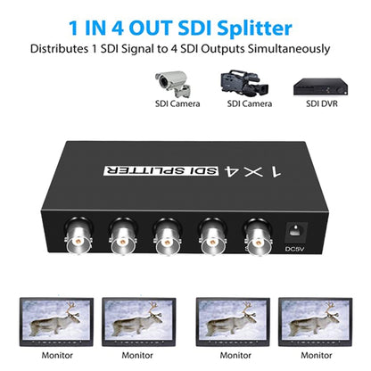 1 ieeja 4 izejas SD-SDI / HD-SDI / 3G-SDI sadales pastiprinātājs Video SDI sadalītājs
