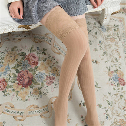 Lace Stockings Above The Knee Non-Slip Thigh Socks Cotton Vertical Stripe Socks