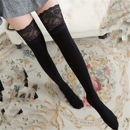 Lace Stockings Above The Knee Non-Slip Thigh Socks Cotton Vertical Stripe Socks