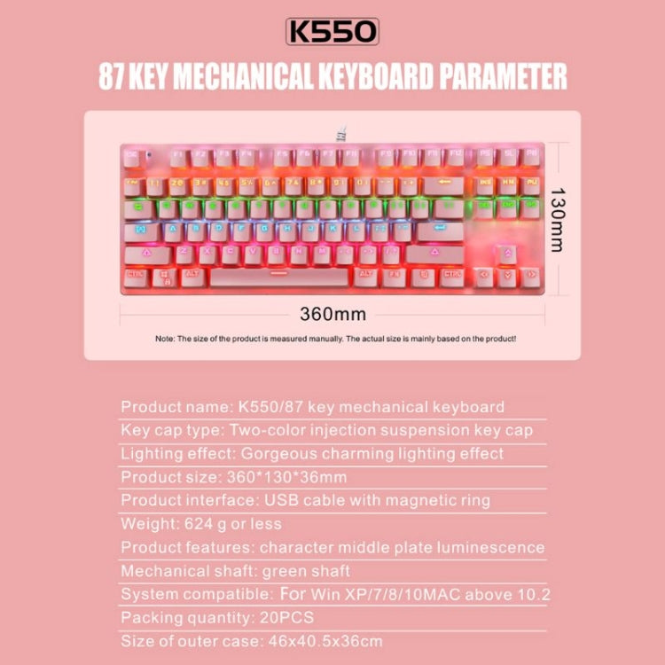 LEAVEN K550 87 Keys Green Shaft Gaming Athletic Office Notebook Punk Mechanical Keyboard, Cable Length: 1.8m