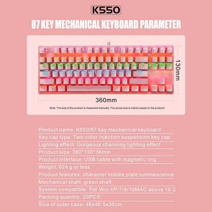 LEAVEN K550 87 Keys Green Shaft Gaming Athletic Office Notebook Punk Mechanical Keyboard, Cable Length: 1.8m