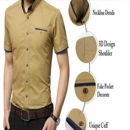 Men Business Shirt Short Sleeves Turn-down Collar Shirt