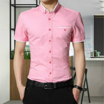 Men Business Shirt Short Sleeves Turn-down Collar Shirt
