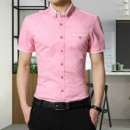 Men Business Shirt Short Sleeves Turn-down Collar Shirt