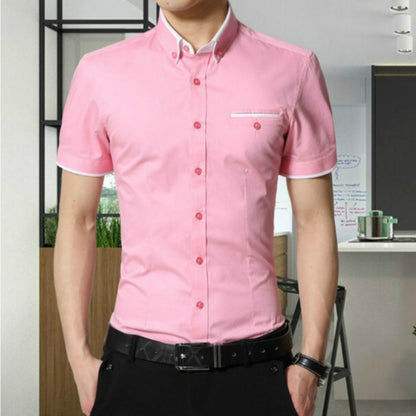 Men Business Shirt Short Sleeves Turn-down Collar Shirt