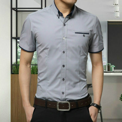 Men Business Shirt Short Sleeves Turn-down Collar Shirt