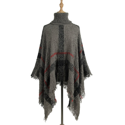 Women Mid-Length Turtleneck Sweater Fringed Cloak Shawl