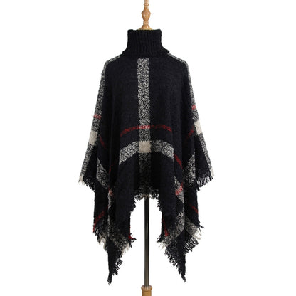 Women Mid-Length Turtleneck Sweater Fringed Cloak Shawl