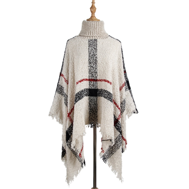 Women Mid-Length Turtleneck Sweater Fringed Cloak Shawl