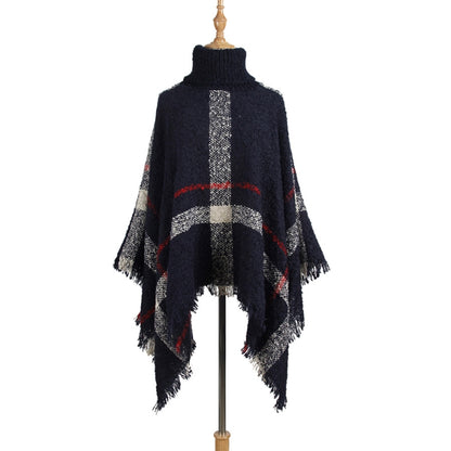 Women Mid-Length Turtleneck Sweater Fringed Cloak Shawl