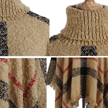 Women Mid-Length Turtleneck Sweater Fringed Cloak Shawl