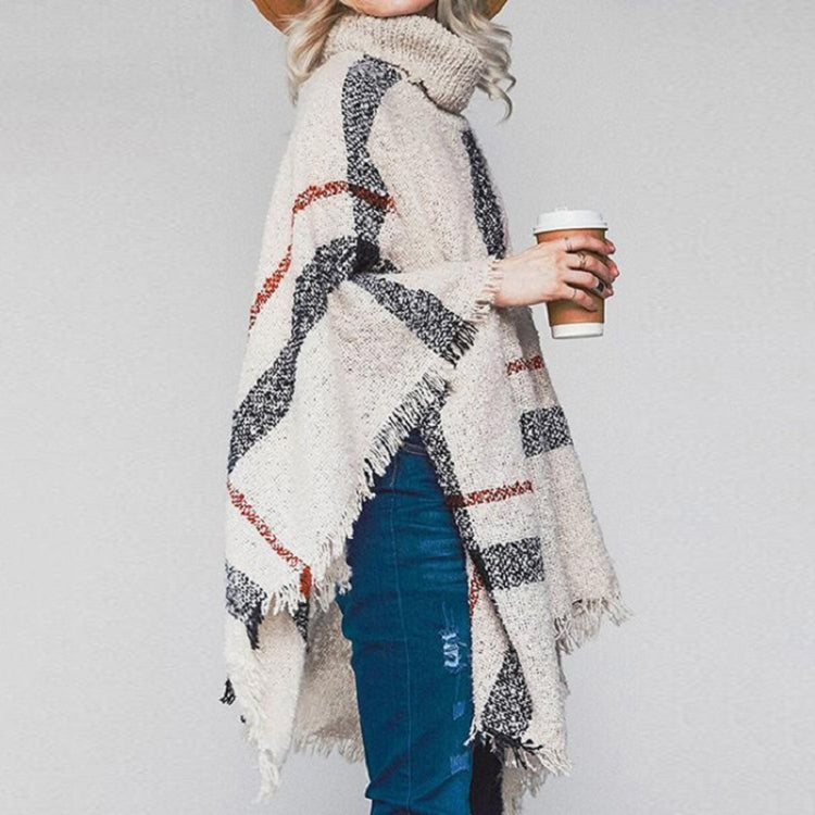 Women Mid-Length Turtleneck Sweater Fringed Cloak Shawl