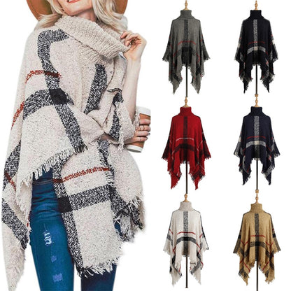 Women Mid-Length Turtleneck Sweater Fringed Cloak Shawl