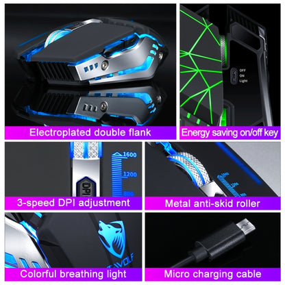 T-WOLF Q15 6-Buttons 1600 DPI Wireless Rechargeable Mute Office Gaming Mouse with 7 Color Breathing Light