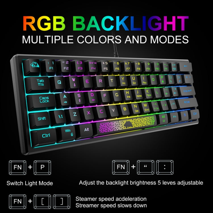 Проводная мини-клавиатура ZIYOU LANG K61 с 62 клавишами и RGB-подсветкой. Длина кабеля: 1,5 м.