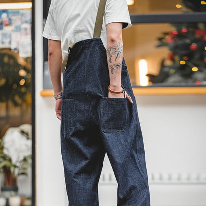 Men Vintage Deck Overalls Spring Autumn Washed Denim Straight Jeans