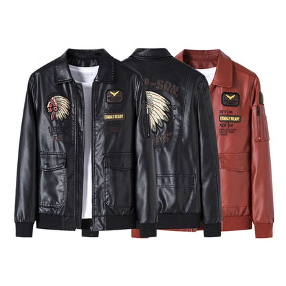 Men Suit Collar Washed PU Leather Jacket Flight Suit