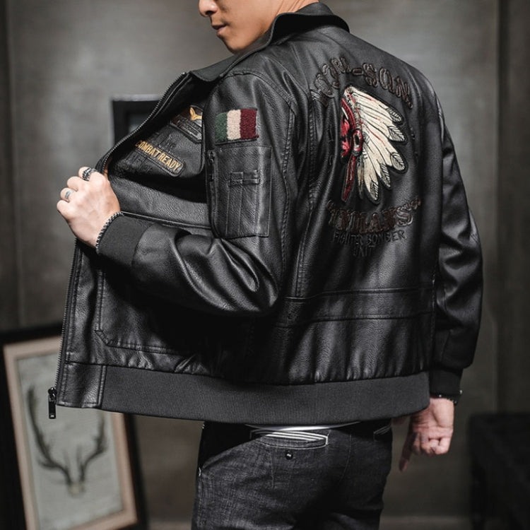 Men Suit Collar Washed PU Leather Jacket Flight Suit