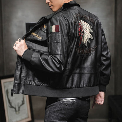Men Suit Collar Washed PU Leather Jacket Flight Suit