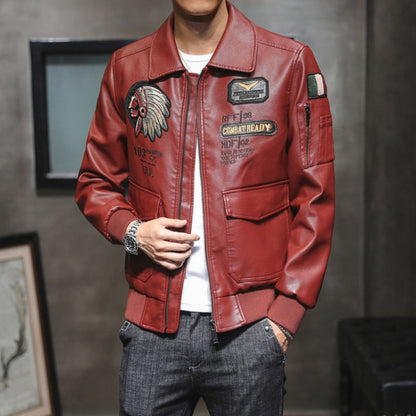 Men Suit Collar Washed PU Leather Jacket Flight Suit
