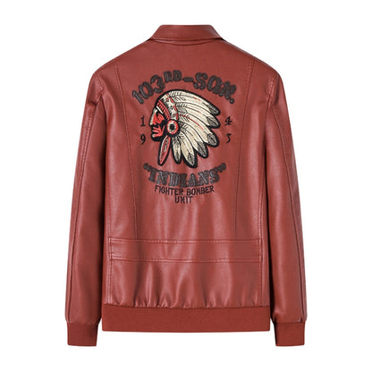 Men Suit Collar Washed PU Leather Jacket Flight Suit