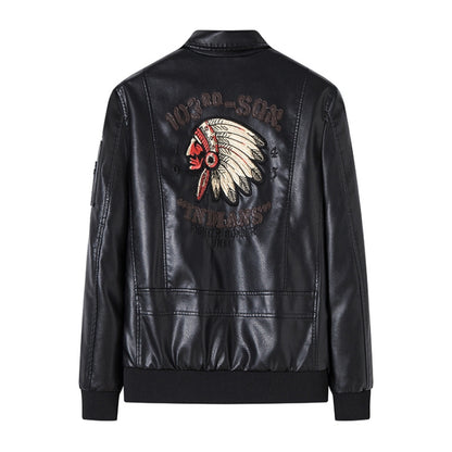 Men Suit Collar Washed PU Leather Jacket Flight Suit