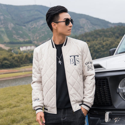 Slim V-Neck Pinch Cotton Baseball Jacket Warm PU Leather Jacket