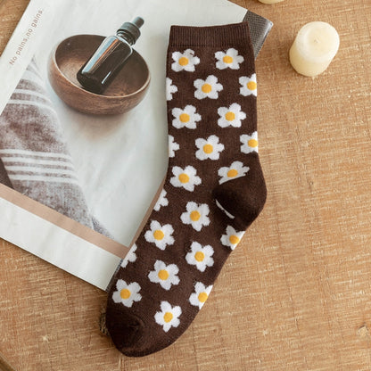 1pair Women Autumn and Winter Socks Brown Color Thick Retro Mid-calf Socks